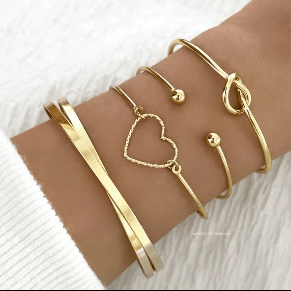 Set of 4 Stackable Gold Bracelets, Love Knot Bracelets and Heart boho jewelry - Picture 1 of 6